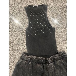 ZARA Dark Gray Rhinestone Bodysuit + ZARA Gray Flared Pants | Matching Set